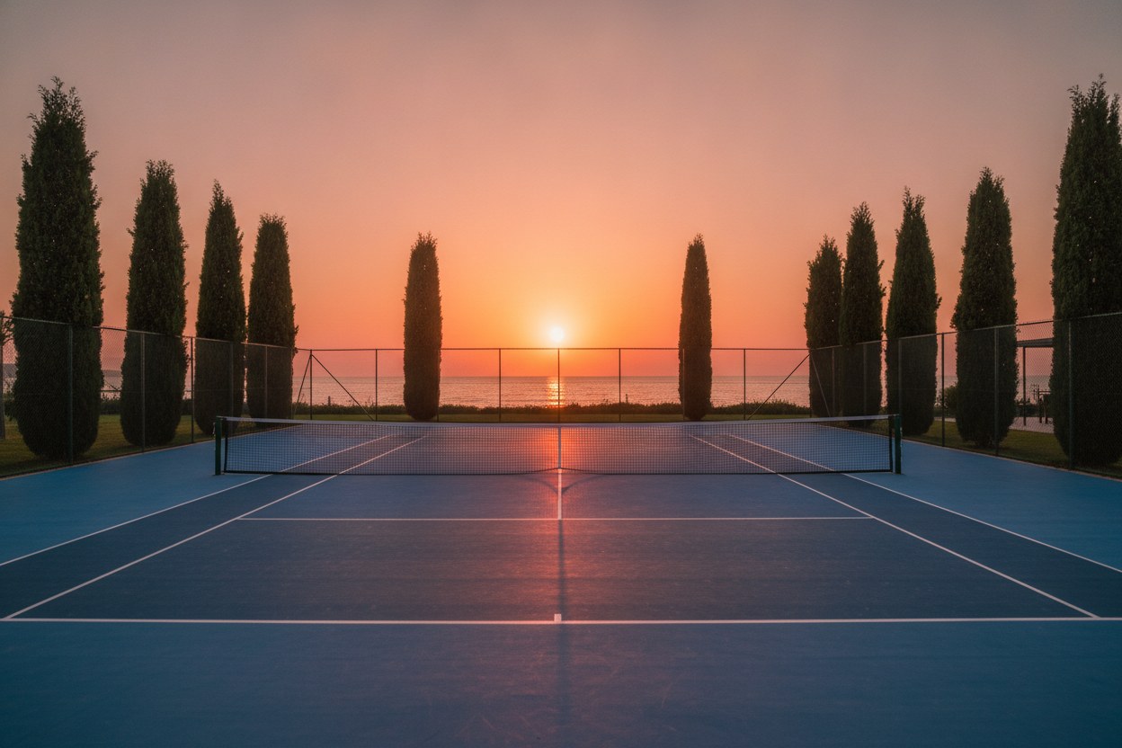 Antalya'da gün batımında tenis kortu, arka planda Akdeniz